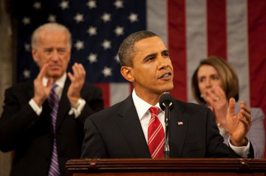 President Obama, with Vice President Biden and House Speaker Pelosi behind him, during his first State of the Union Address.